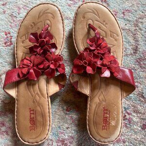 BORN red leather flower thong cork wedge sandal Women 8